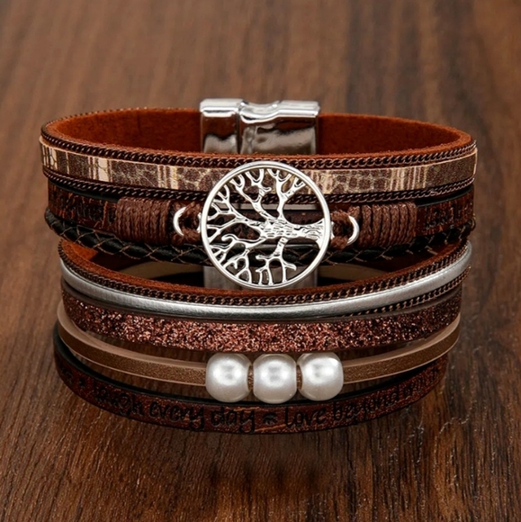 Tree of Life Stacked Bracelet Brown Faux Pearls Silver Magnetic Clasp - Picture 9 of 9
